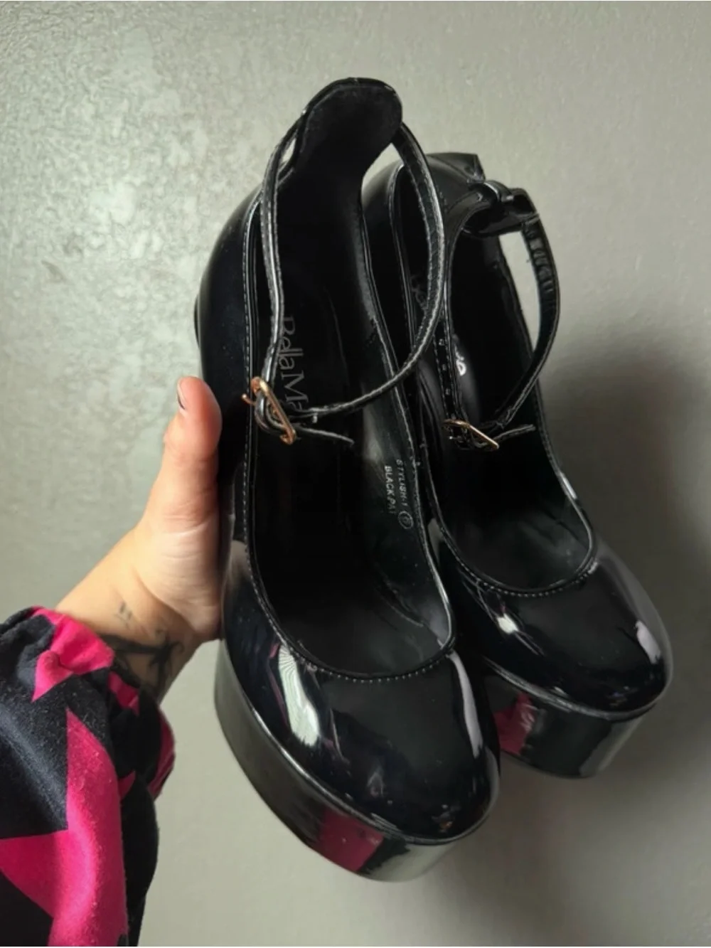 Black Patent Platform Heels with Ankle Strap